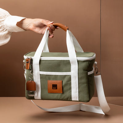 Insulated canvas cooler bag in olive green & brandable  tan leatherette patch