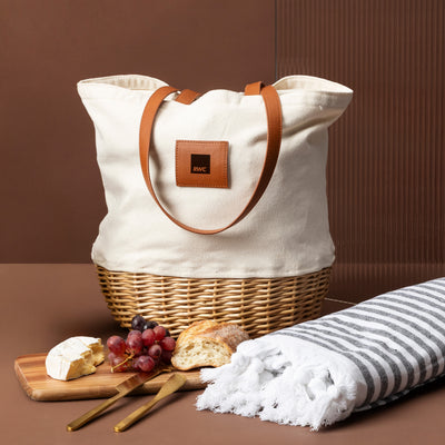 Canvas drawstring basket tote with leatherette handles and brandable patch
